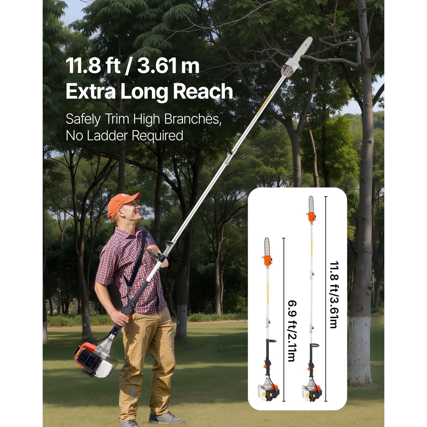 Gas Powered Pole Saw Rotatable Head Two Stroke Tree Trimmer