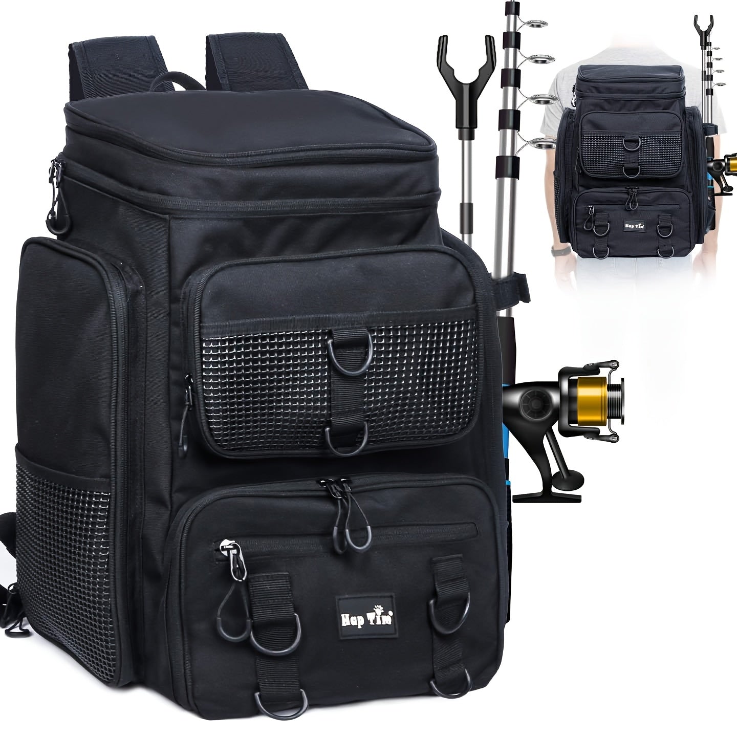 Zippere Fishing Gear Backpack With Rod Holder Durable Nylon