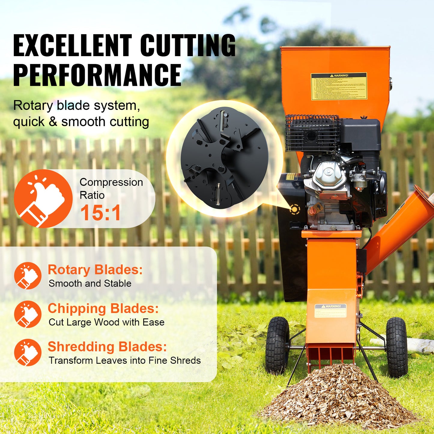 VEVOR Wood Chipper Shredder Mulcher Three In One Gas Power