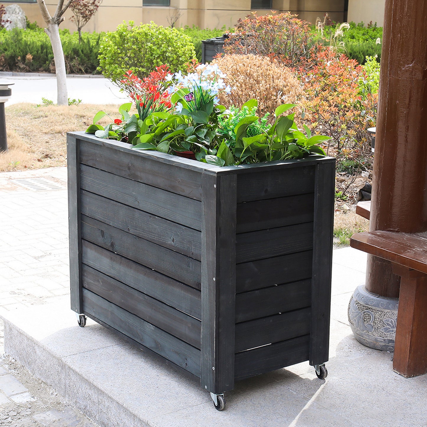 Solid Wood Mobile Planter With Built In Storage And Wheels