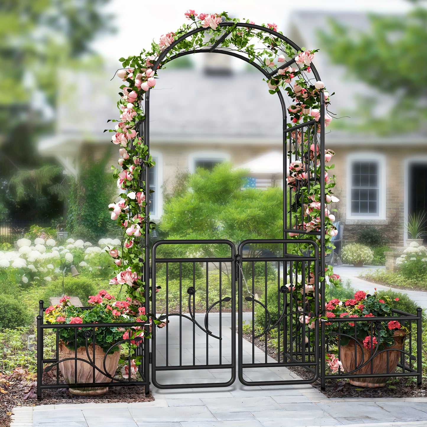 Metal Garden Arch With Planter Boxes And Dual Gate Wedding