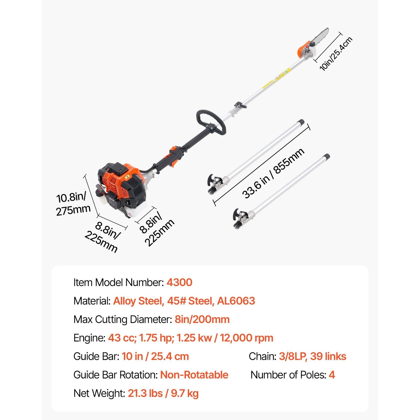 Gas Powered Pole Saw Rotatable Head Two Stroke Tree Trimmer