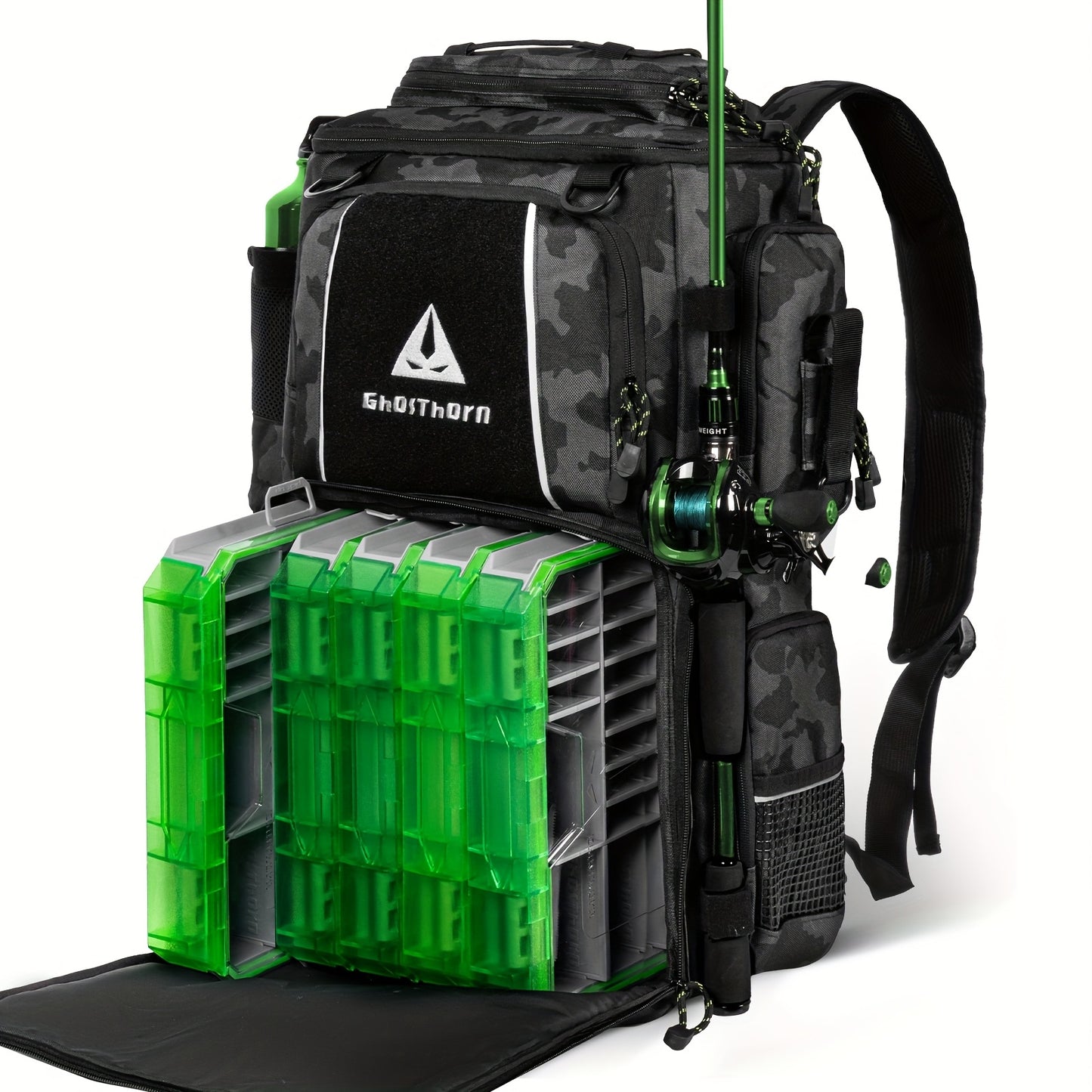 Ghosthorn Fishing Tackle Backpack With TackleBoxes RodHolder