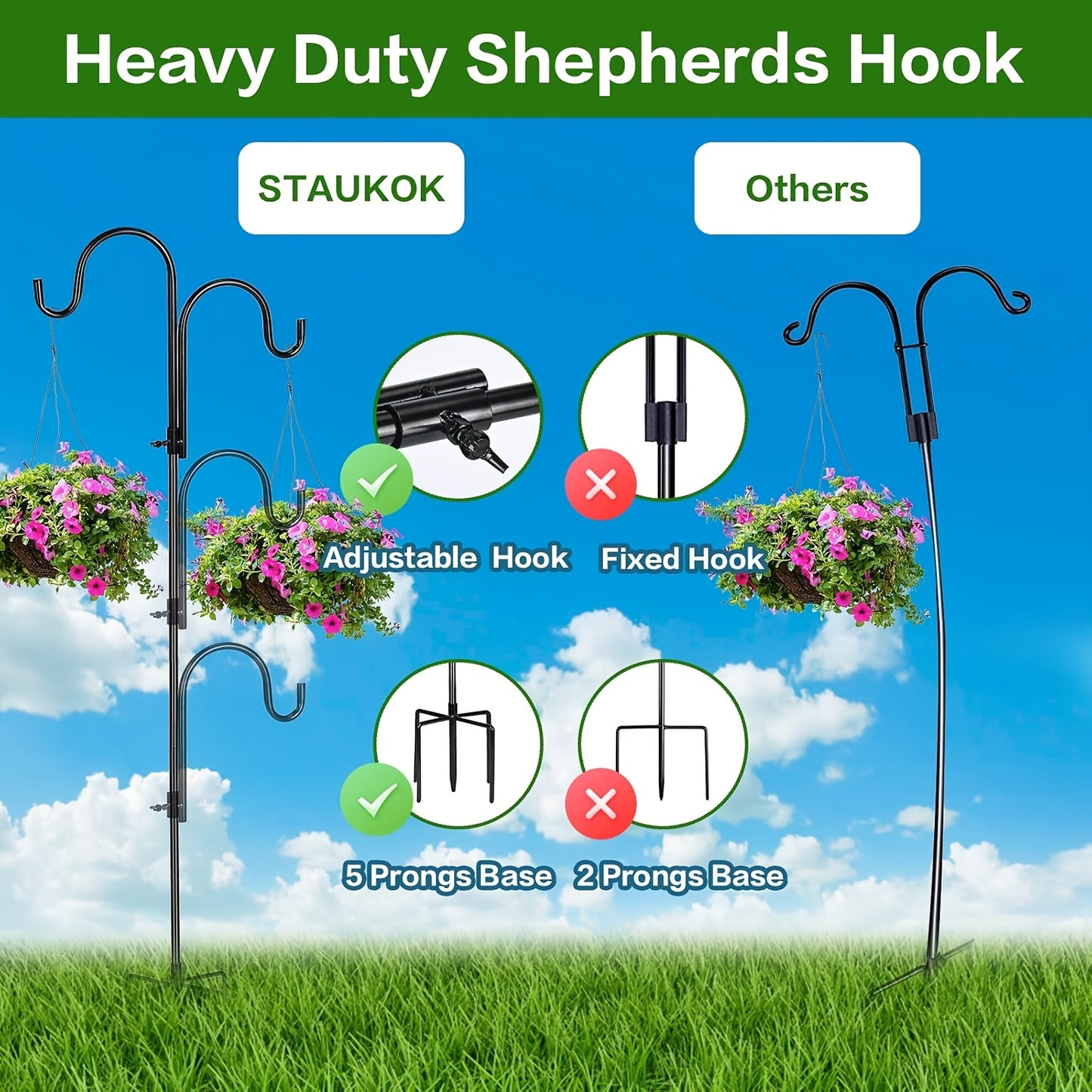 Adjustable Double Shepherds Hook Outdoor Garden Holder