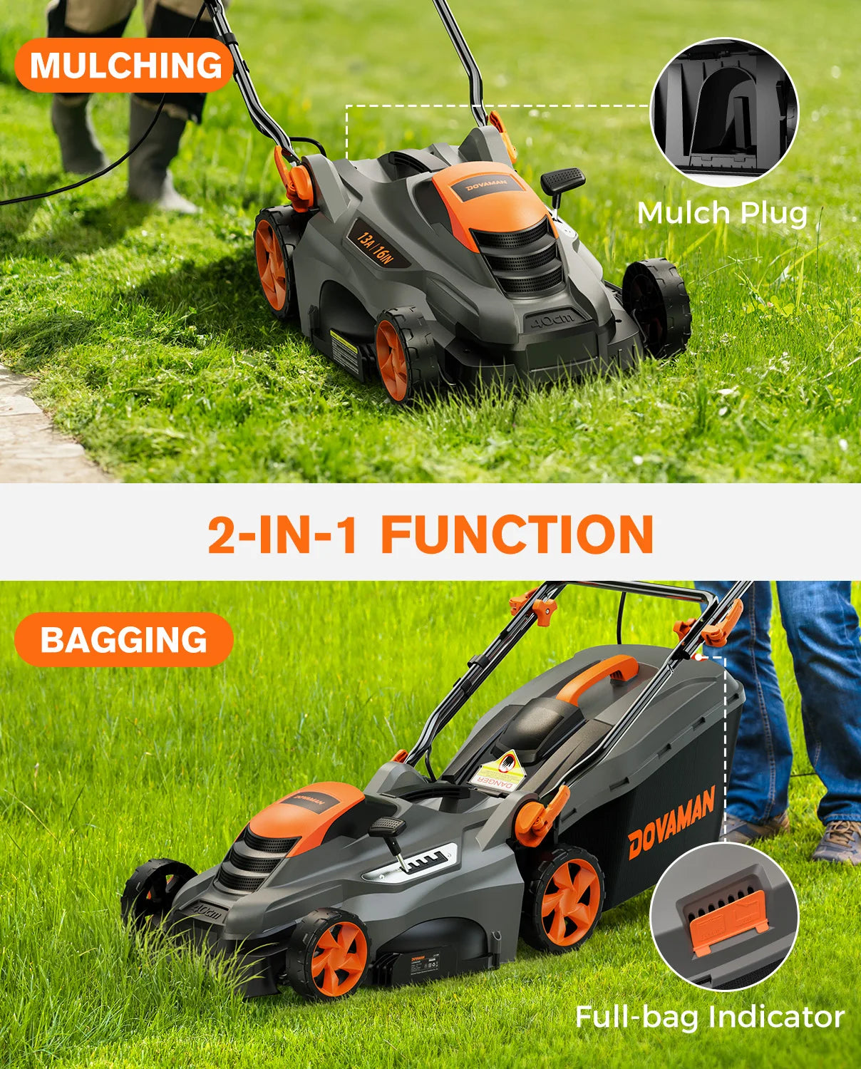 DOVAMAN 13 Amp Corded Lawn Mower With Single Lever Height
