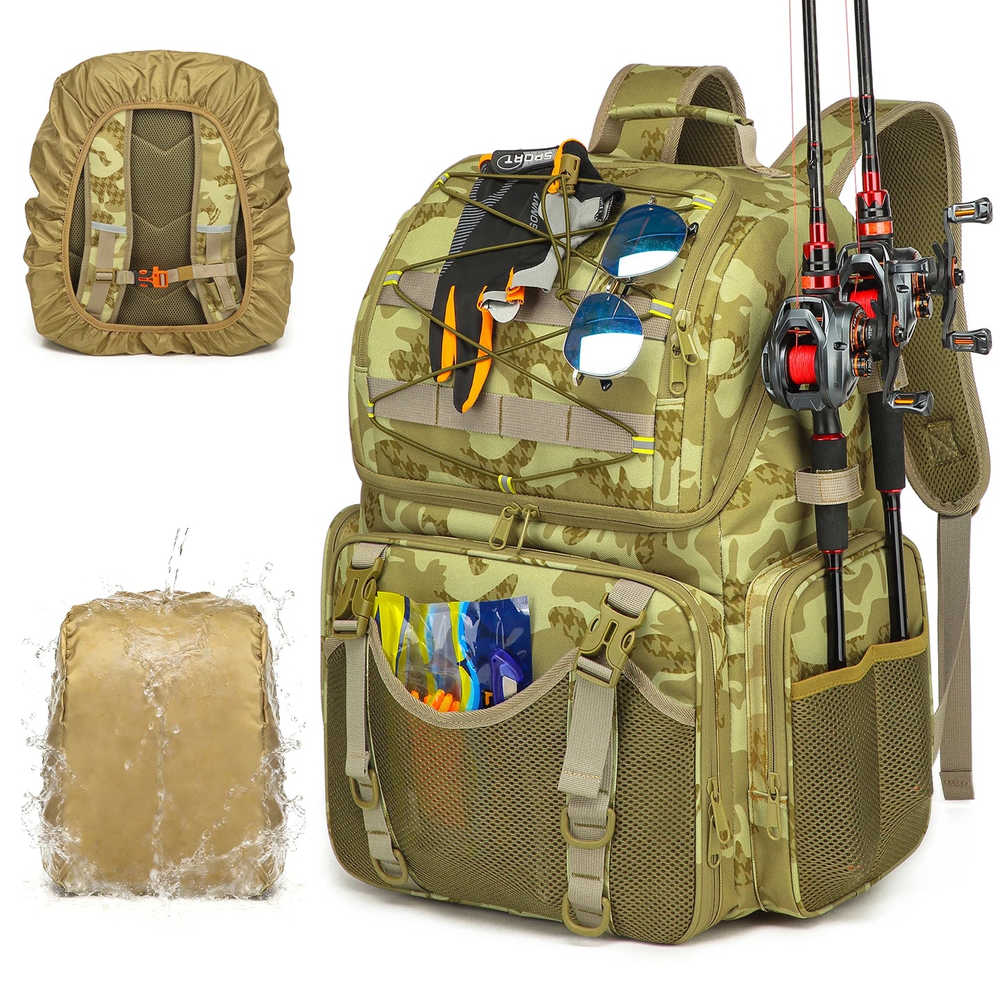 Fishing Backpack Tackle Bag With Rod Holders And Rain Cover