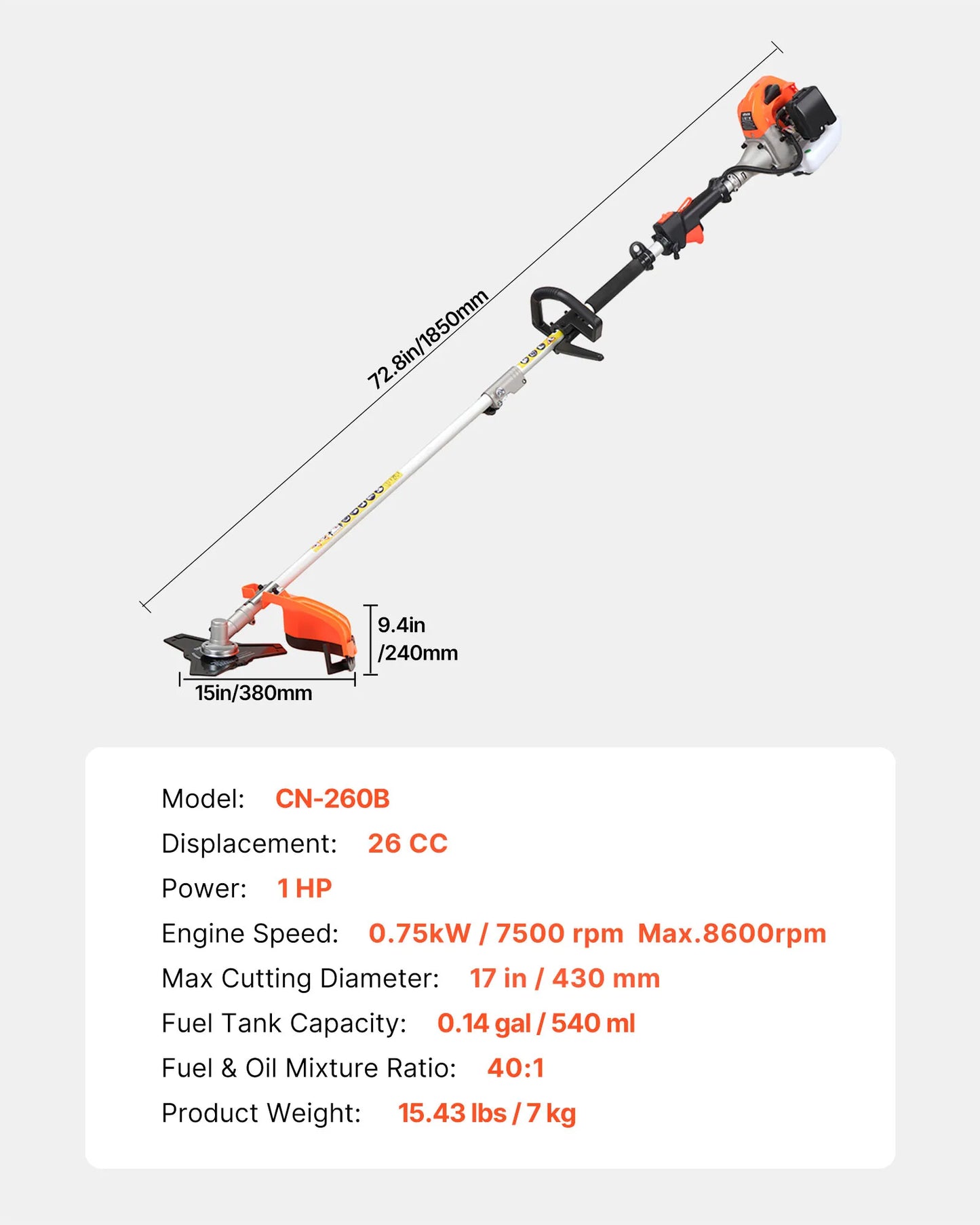 Cordless Gas Powered Trimmer 26/43/52cc with Shoulder Strap