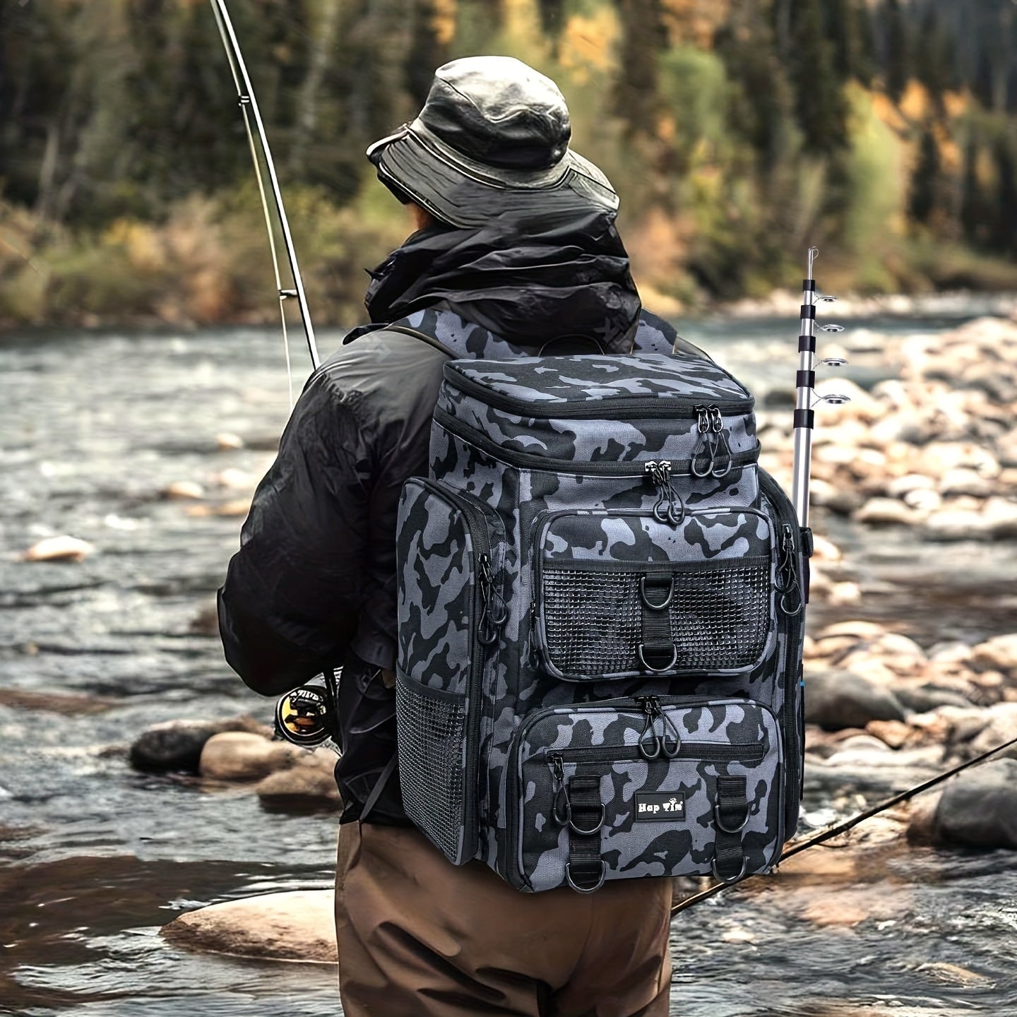 Zippere Fishing Gear Backpack With Rod Holder Durable Nylon
