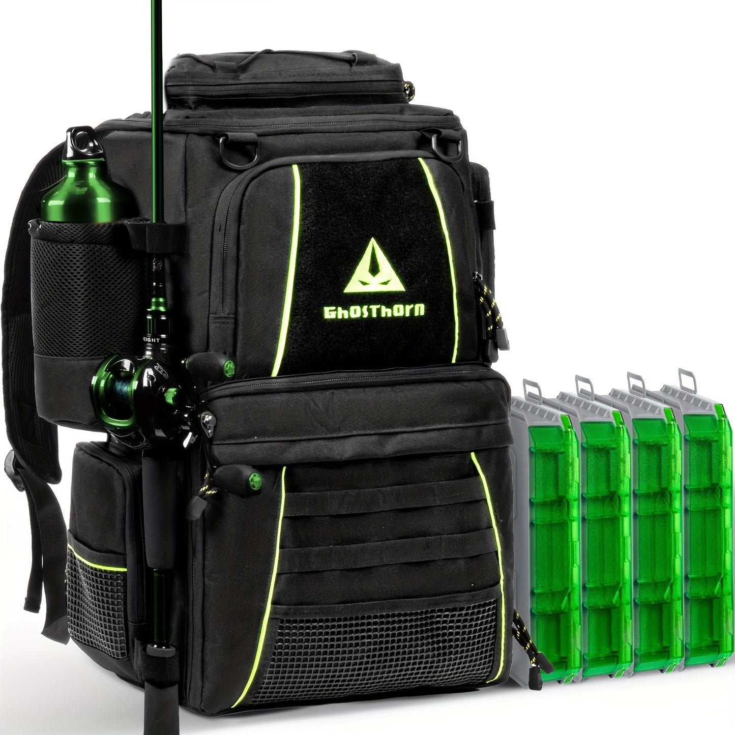 Ghosthorn Fishing Tackle Backpack With TackleBoxes RodHolder