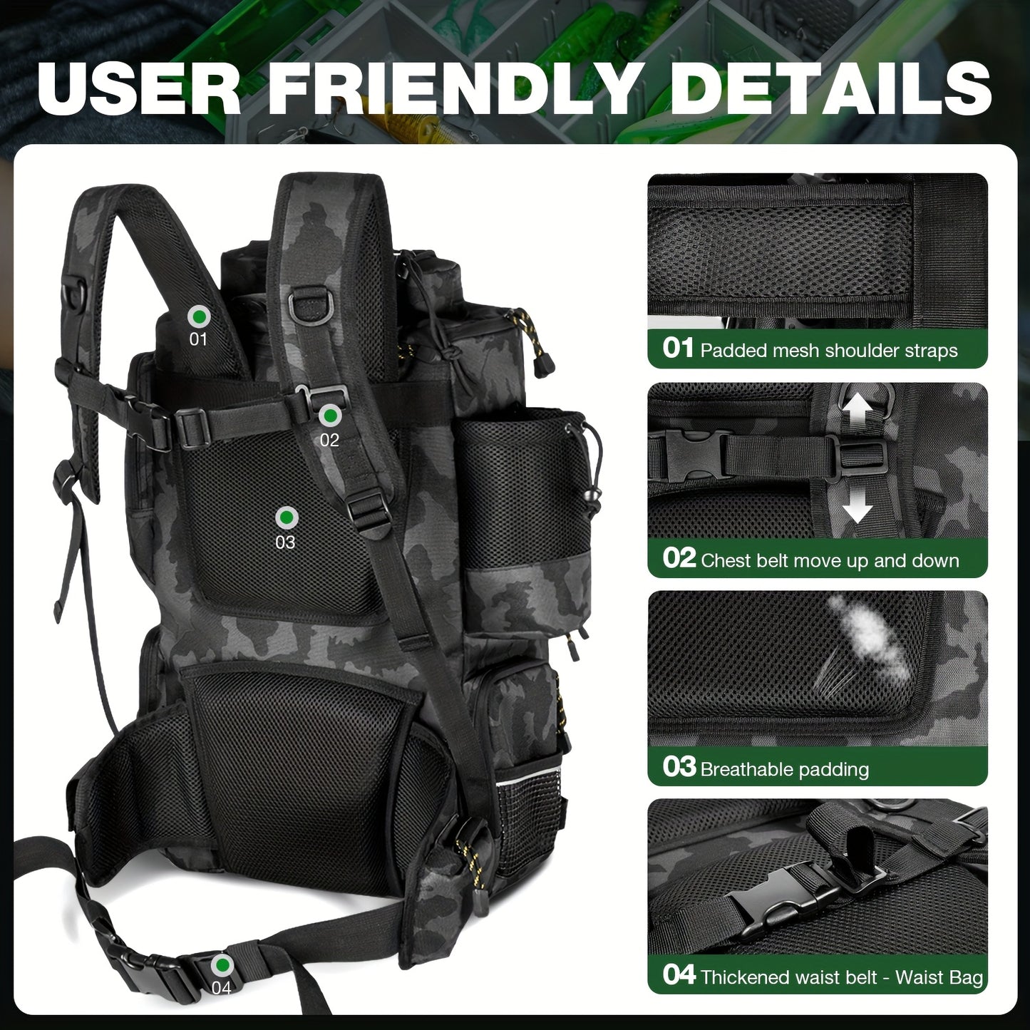 Ghosthorn Fishing Tackle Backpack With TackleBoxes RodHolder