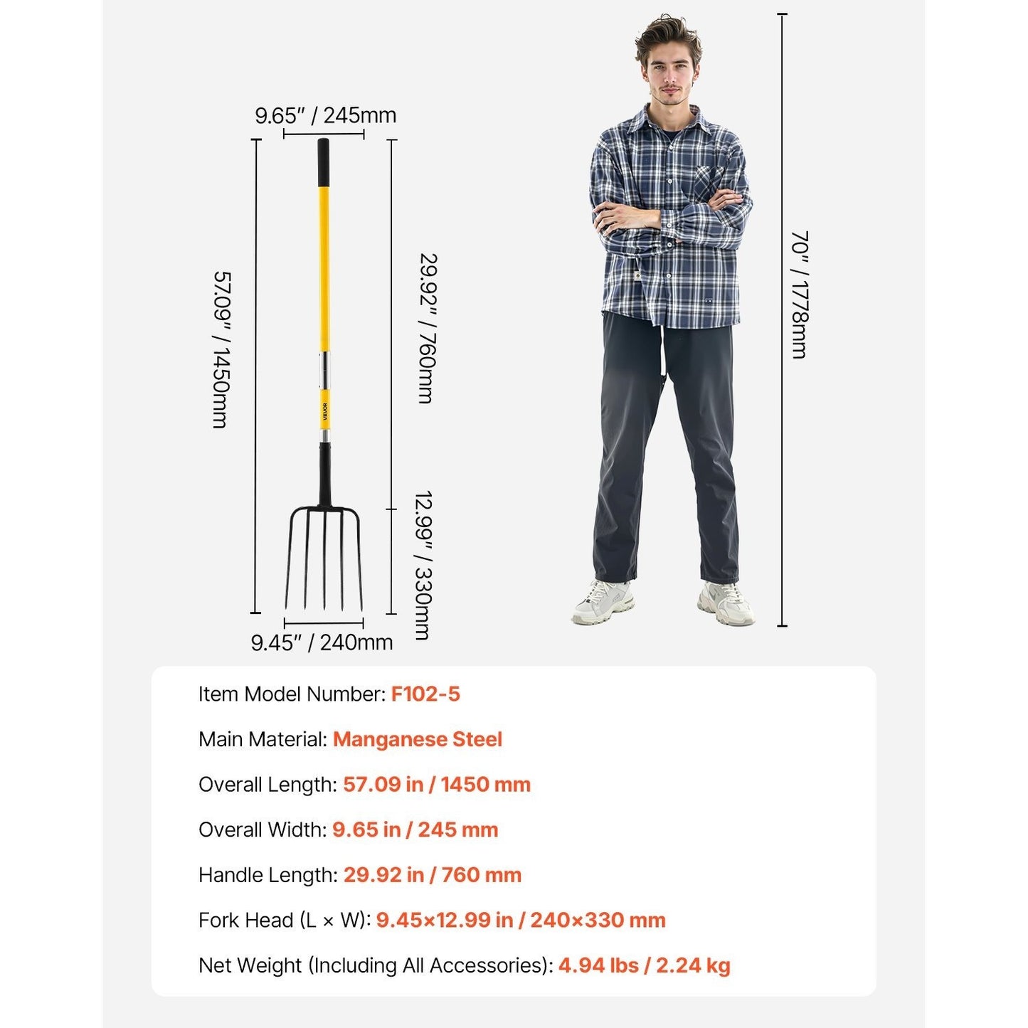 VEVOR Garden Fork With Fiberglass Handle 5 Tines Spading