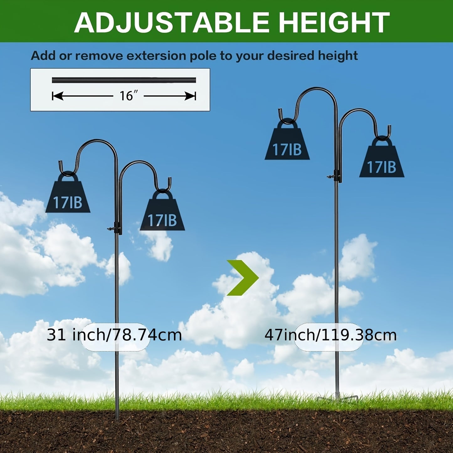 Adjustable Double Shepherds Hook Outdoor Garden Holder
