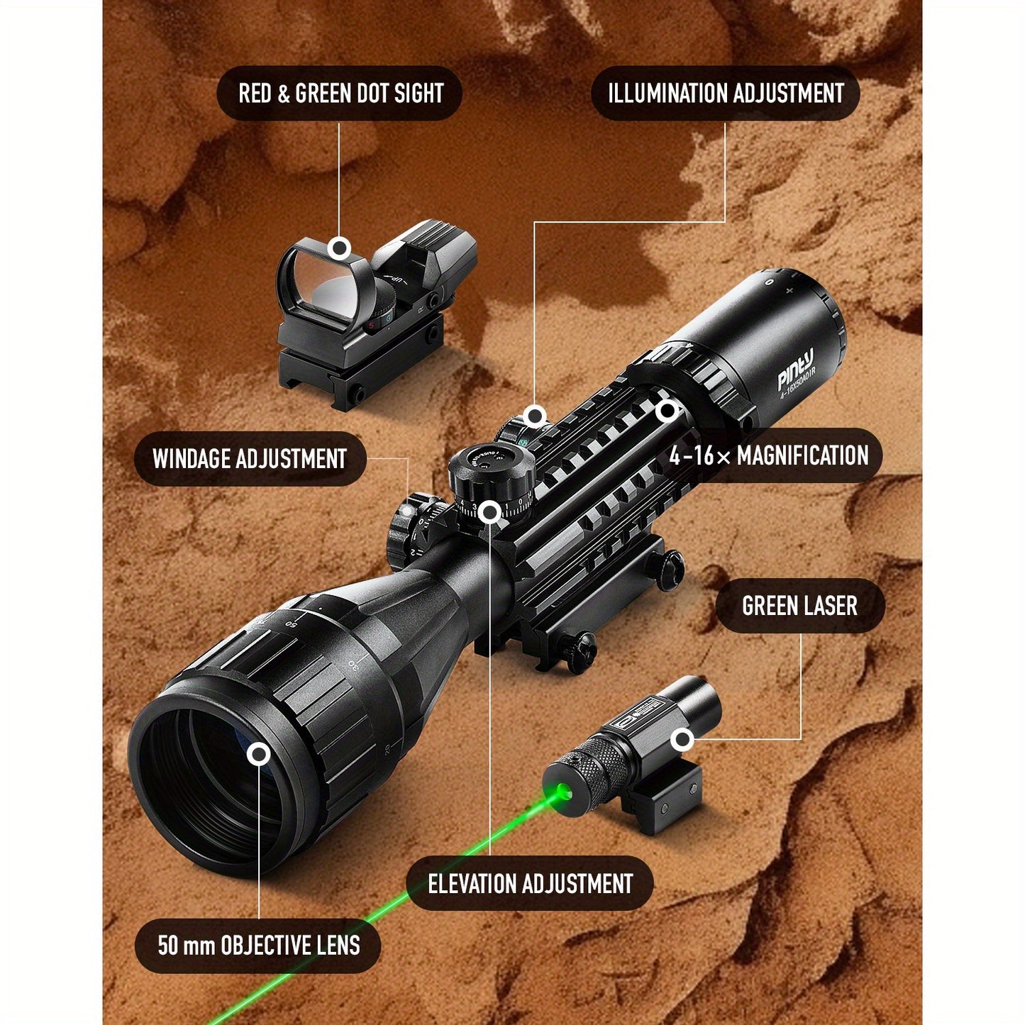 Pinty Rifle Scope With Red Dot And Dual Illuminated Reticle