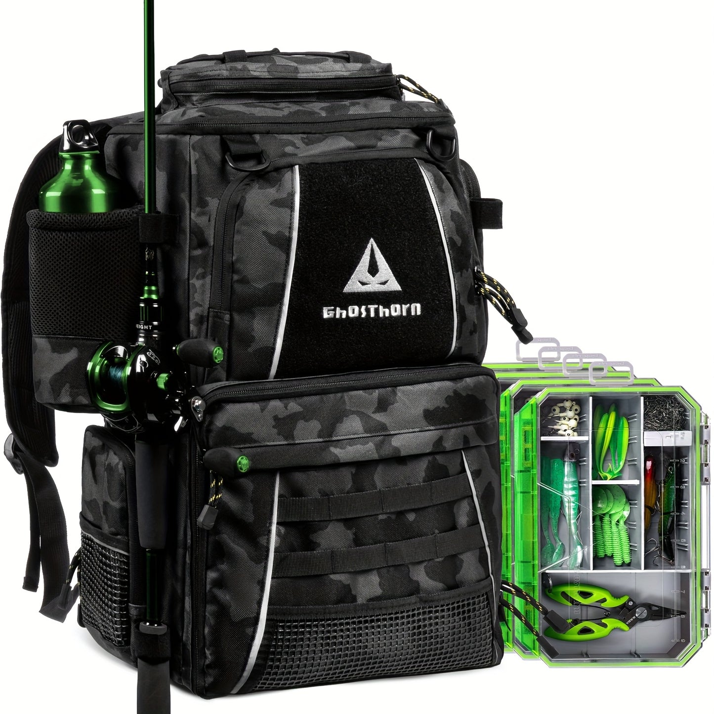 Ghosthorn Fishing Tackle Backpack With TackleBoxes RodHolder