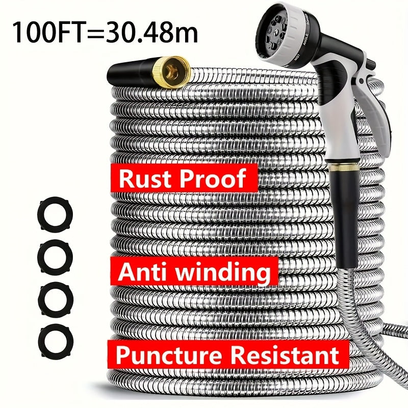 Heavy-Duty Stainless Steel Garden Hose With Multi-Function Nozzles - Parry's Picks