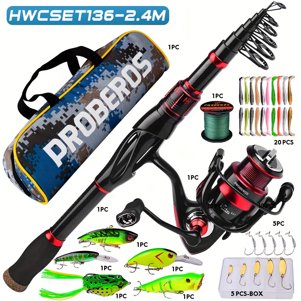 Proberos Carbon Fiber Telescopic Fishing Rod Reel Combo