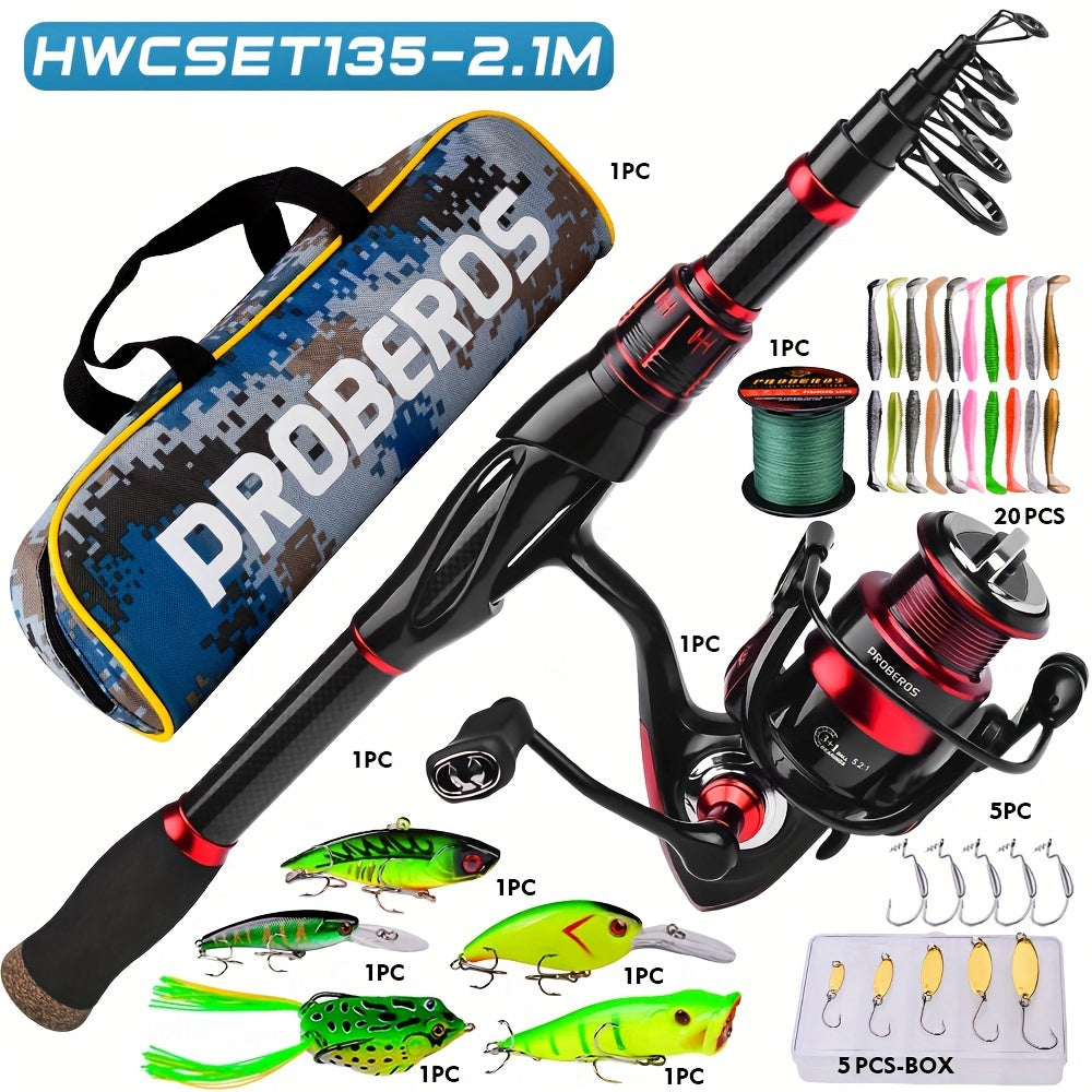 Proberos Carbon Fiber Telescopic Fishing Rod Reel Combo