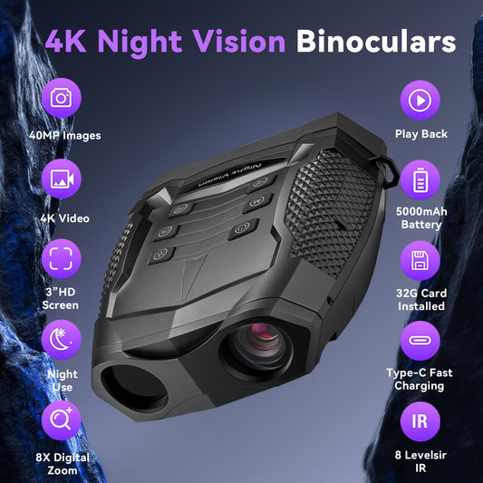4K Night Vision Binoculars for Adults - 3" HD Screen, 8X Digital Zoom, 32GB Card, 5000mAh Rechargeable, Infrared Goggles with Adjustable Magnification & Wide Field of View for Hunting, Farm Monitoring, Outdoor Adventures, Bin