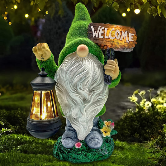 Solar Garden Gnome Statue with Lantern Welcome Sign Decor - Parry's Picks