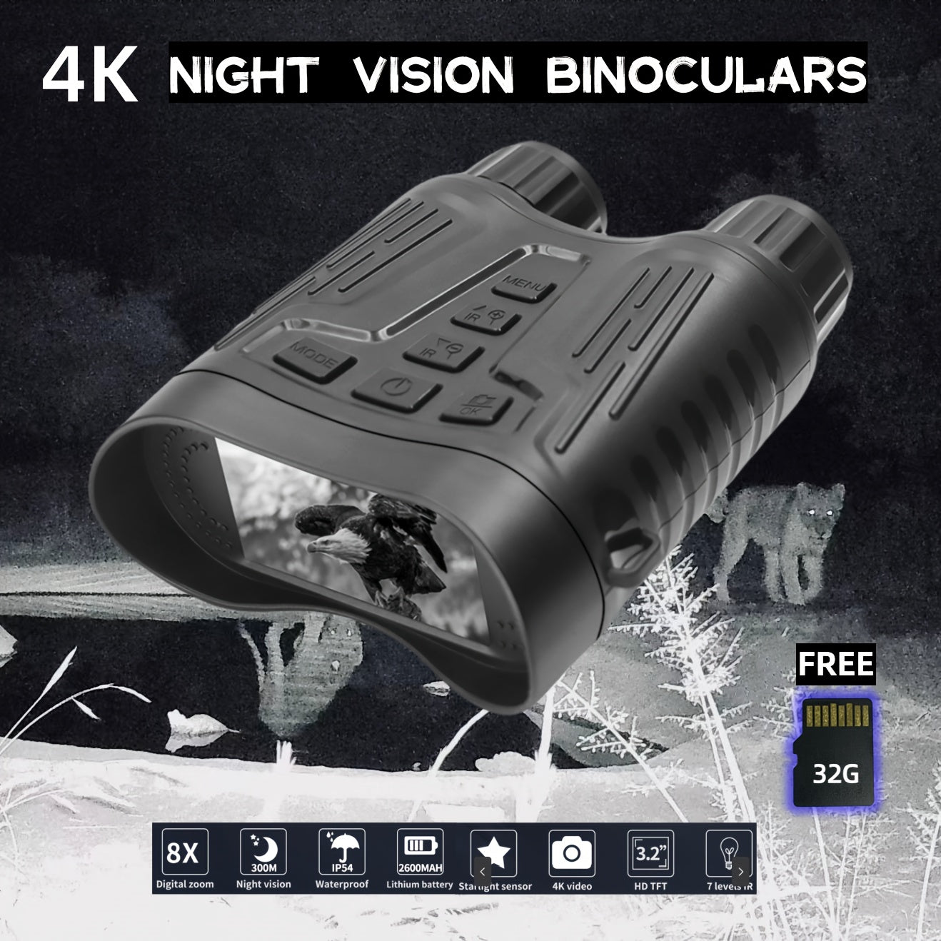 4K Infrared Night Vision Binoculars 300M Detection Range