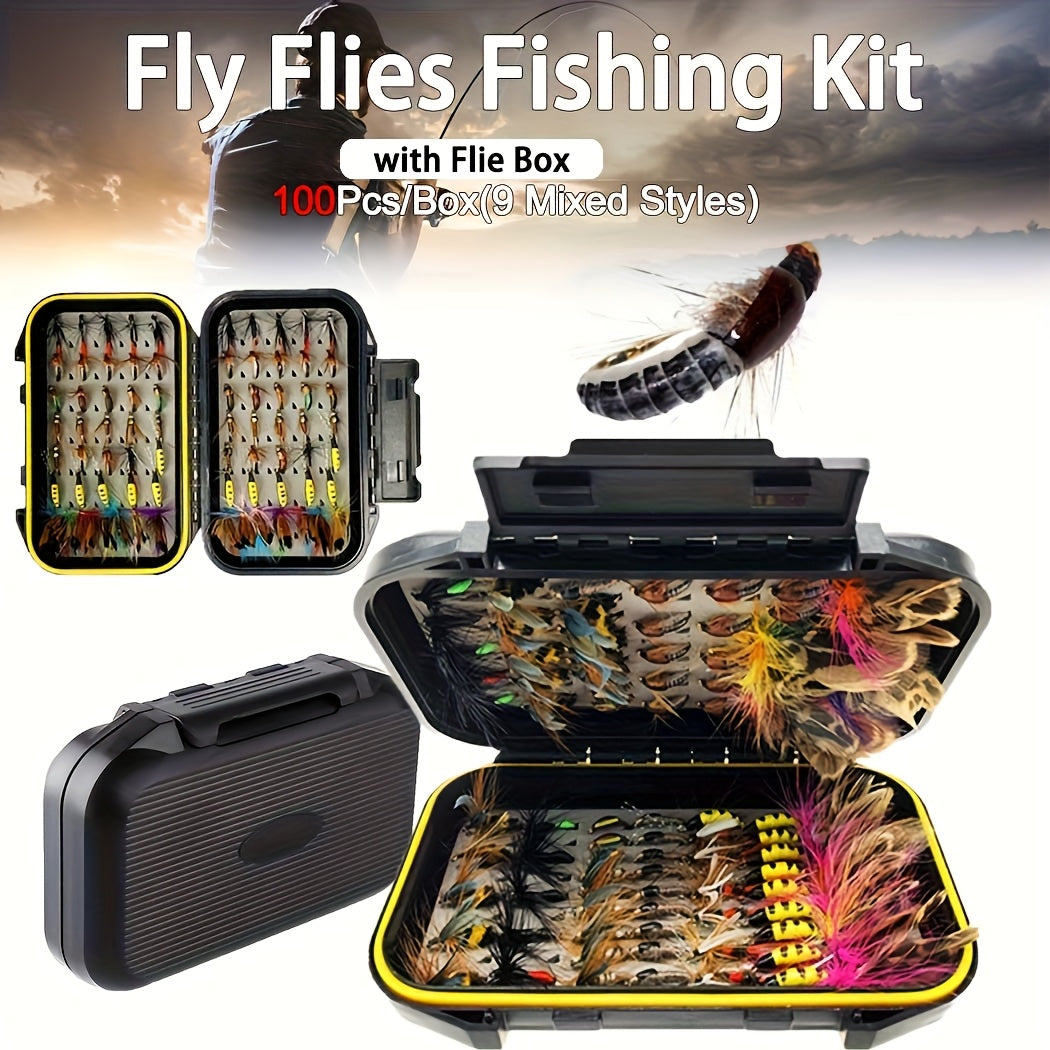QIEVCRME Fly Fishing Flies Kit 100pcs Dry Wet Lures