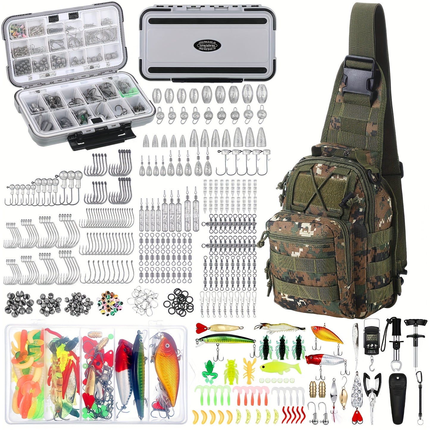 SKYLETY 482Pcs Fishing Tools Kit With Hooks Lures Lip Gripper