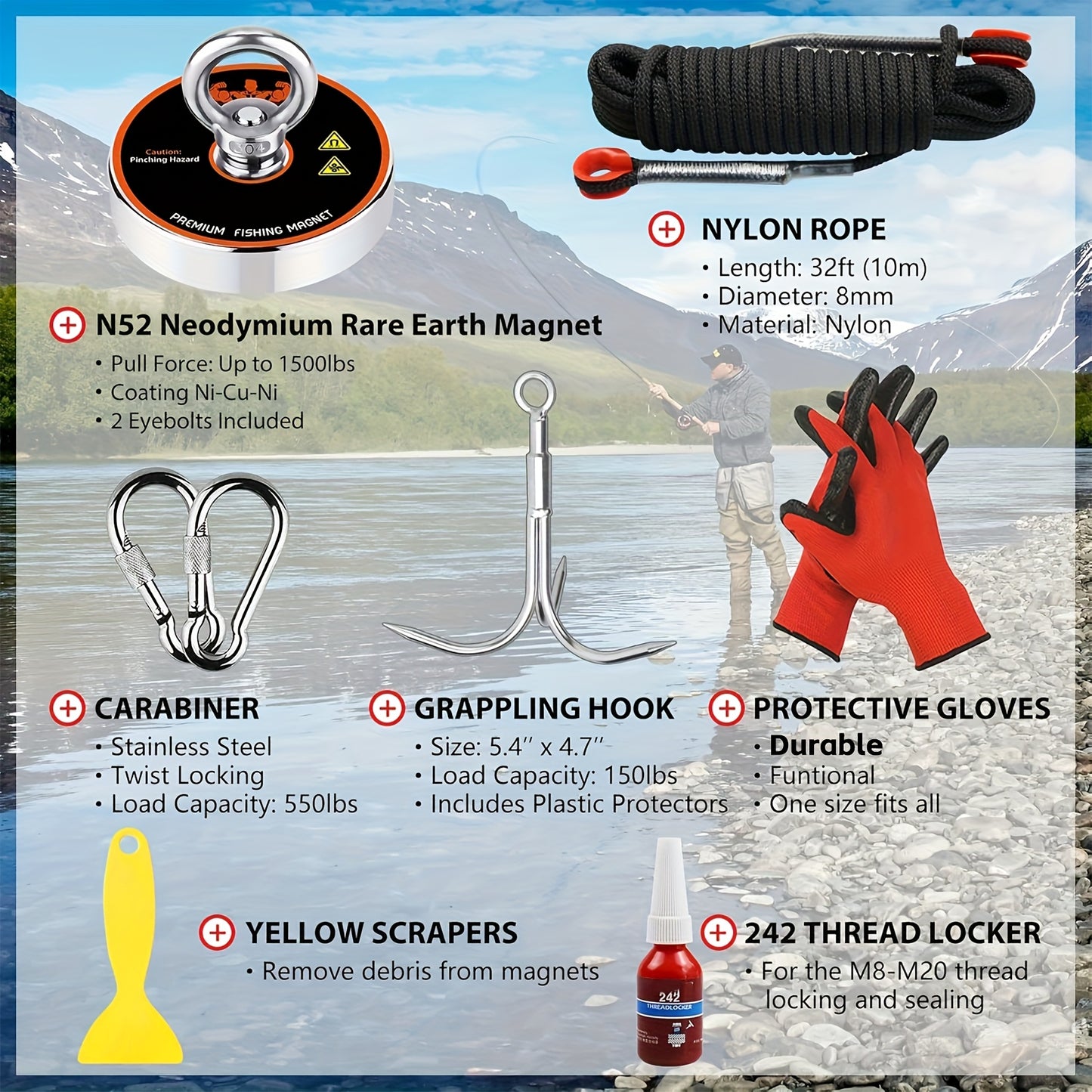 Heavy Duty Magnet Fishing Kit 1500 LBS Pulling Force Case