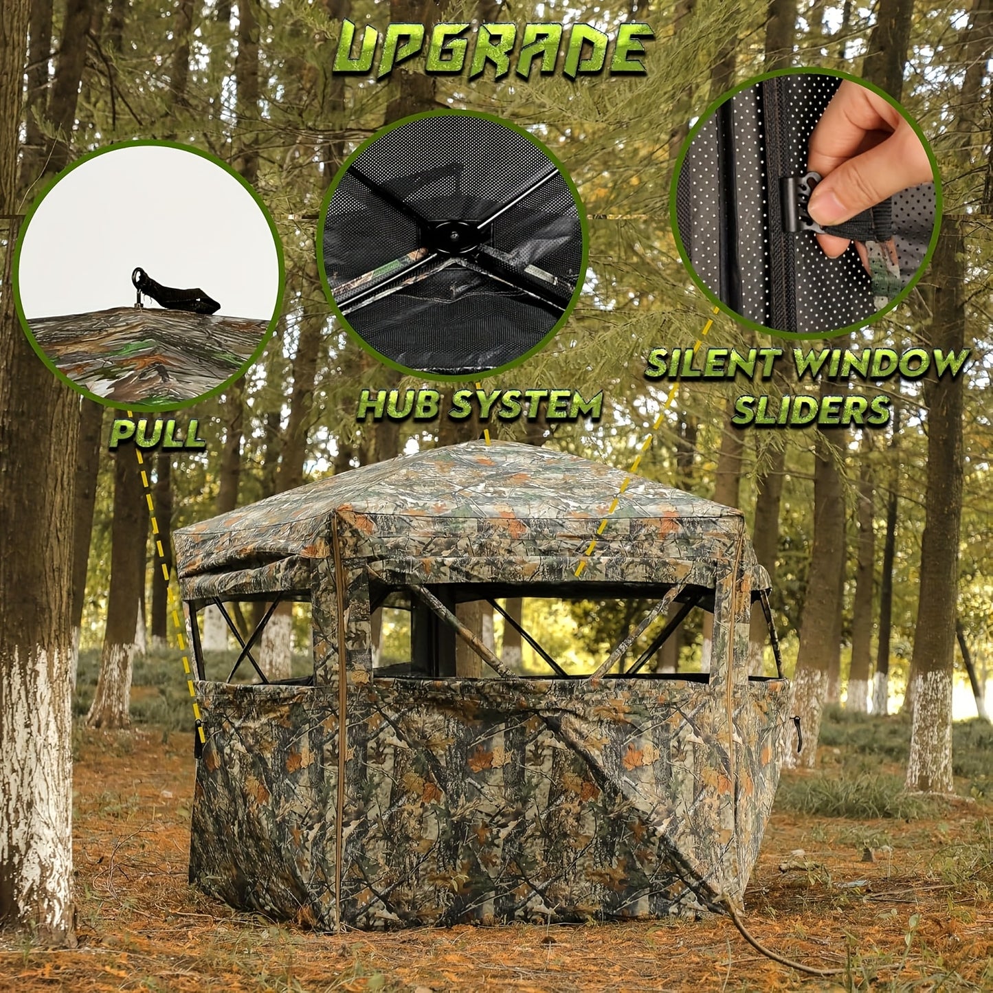 Heavy-Duty Pop-Up Hunting Blind - 288-Degree Wide-Angle Coverage, 3-4 Person Deer Blind with Quick Setup, Portable Ground Blind with Sturdy Frame for Hunting, Camouflage Outdoor Shelter (Compatible with Trees/Grass), Deer Hun