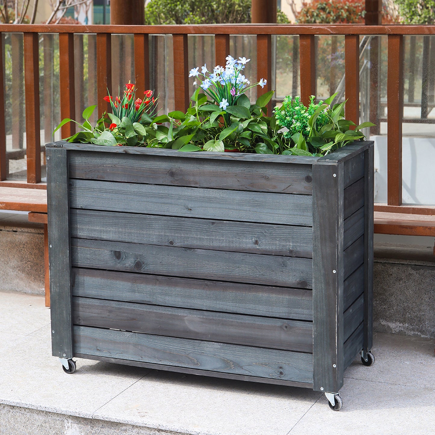 Solid Wood Mobile Planter With Built In Storage And Wheels