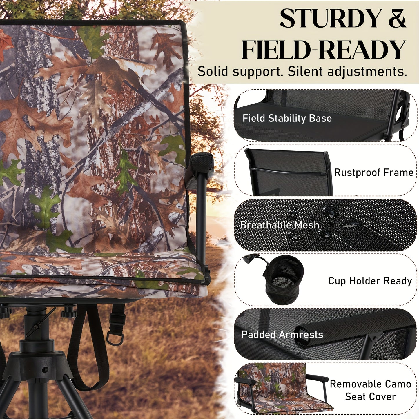 Silent Swivel Camo Hunting Blind Chair Adjustable Height