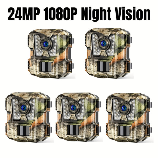 5pcs Mini Trail Camera, 24MP 1080P HD Game Hunting Camera Motion Activated with IR Night Vision Video Cam for Wildlife Scouting Hunting Deer Cam, Outdoor Monitoring & Observation, Battery-Powered, 3/5 Pack