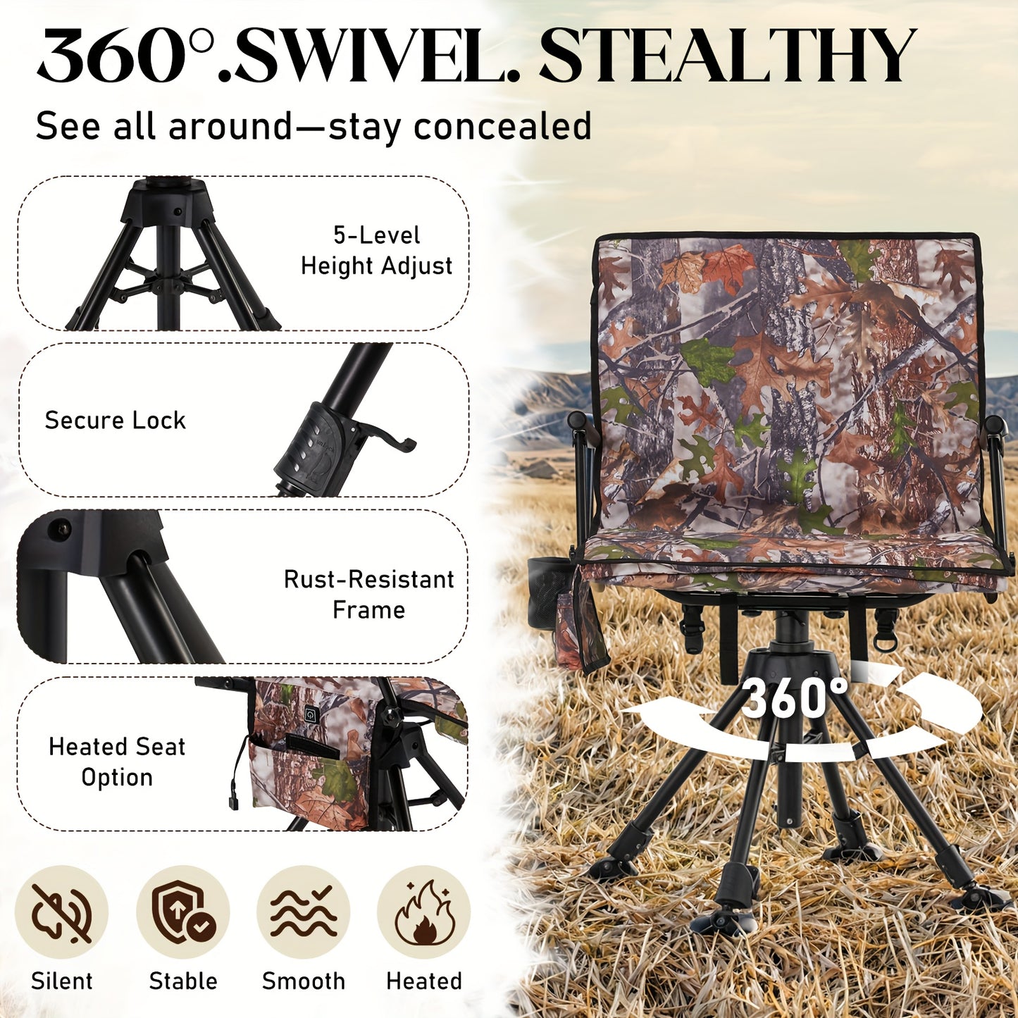 Heavy Duty Heated Hunting Chair With 360 Swivel Folding