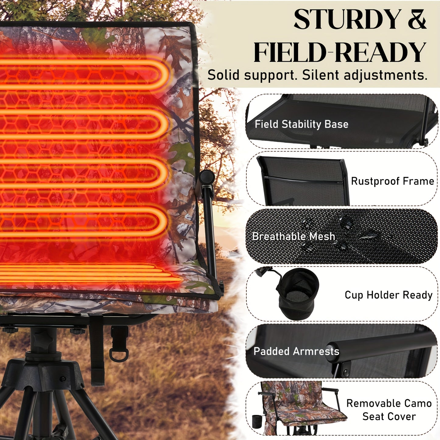 Heavy Duty Heated Hunting Chair With 360 Swivel Folding