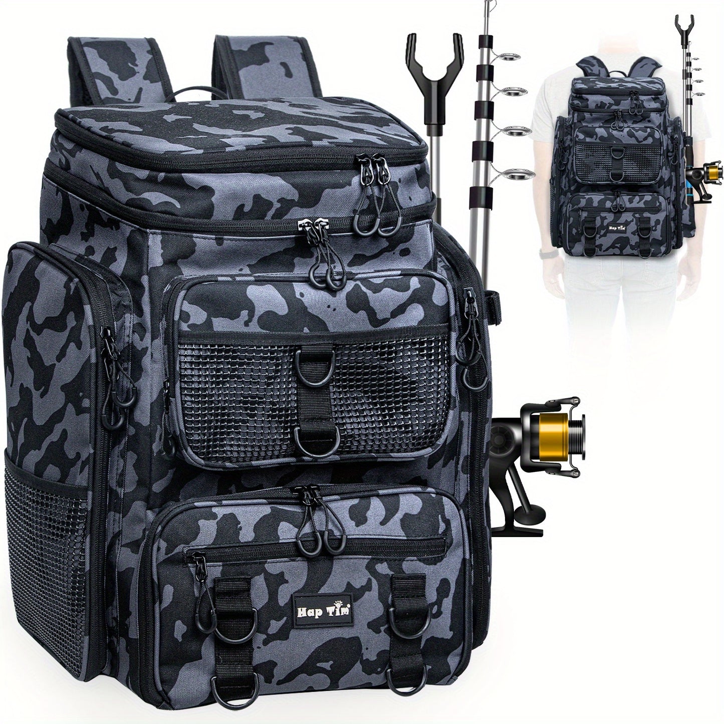 Zippere Fishing Gear Backpack With Rod Holder Durable Nylon