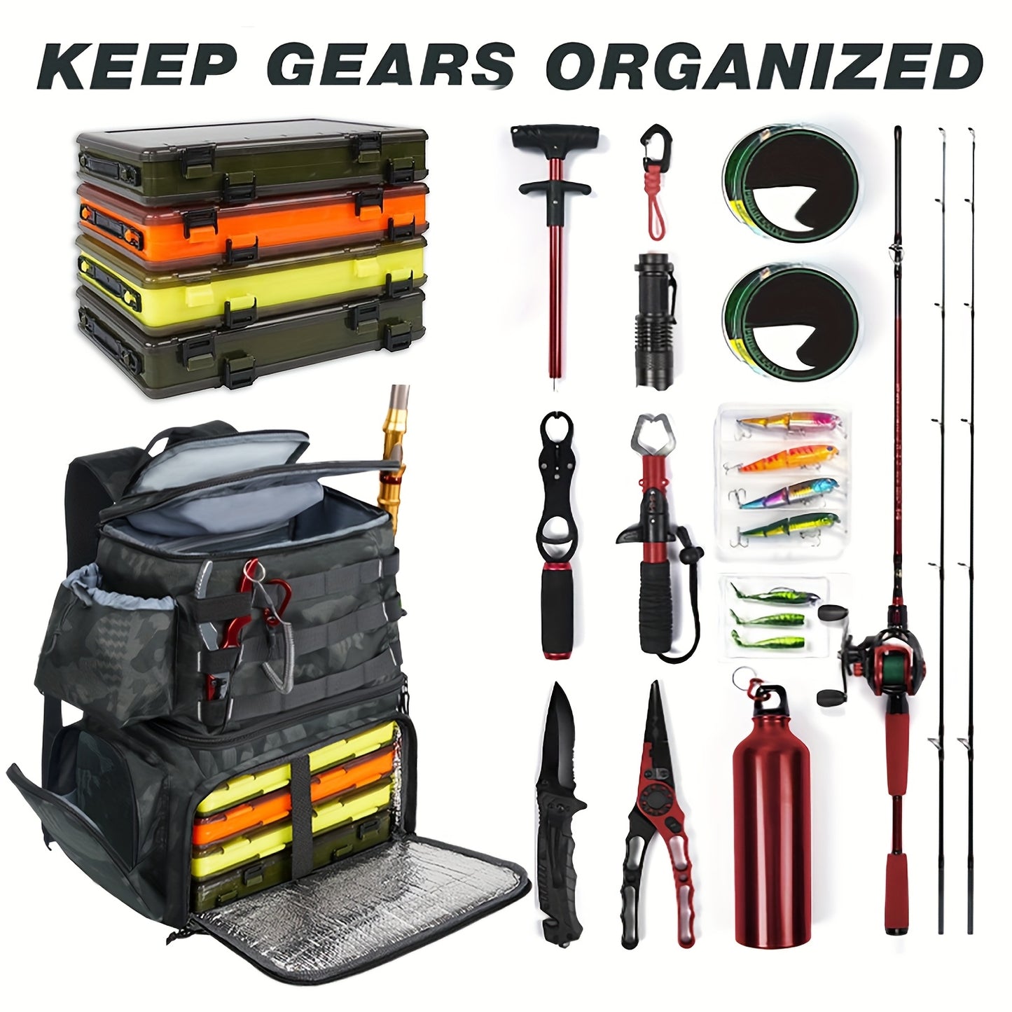 Fishing Tackle Backpack With Cooler Rod Holder Large Storage