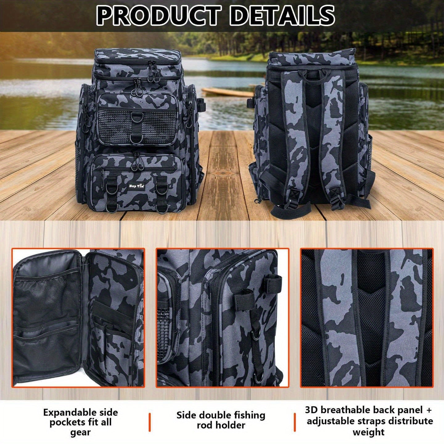 Zippere Fishing Gear Backpack With Rod Holder Durable Nylon