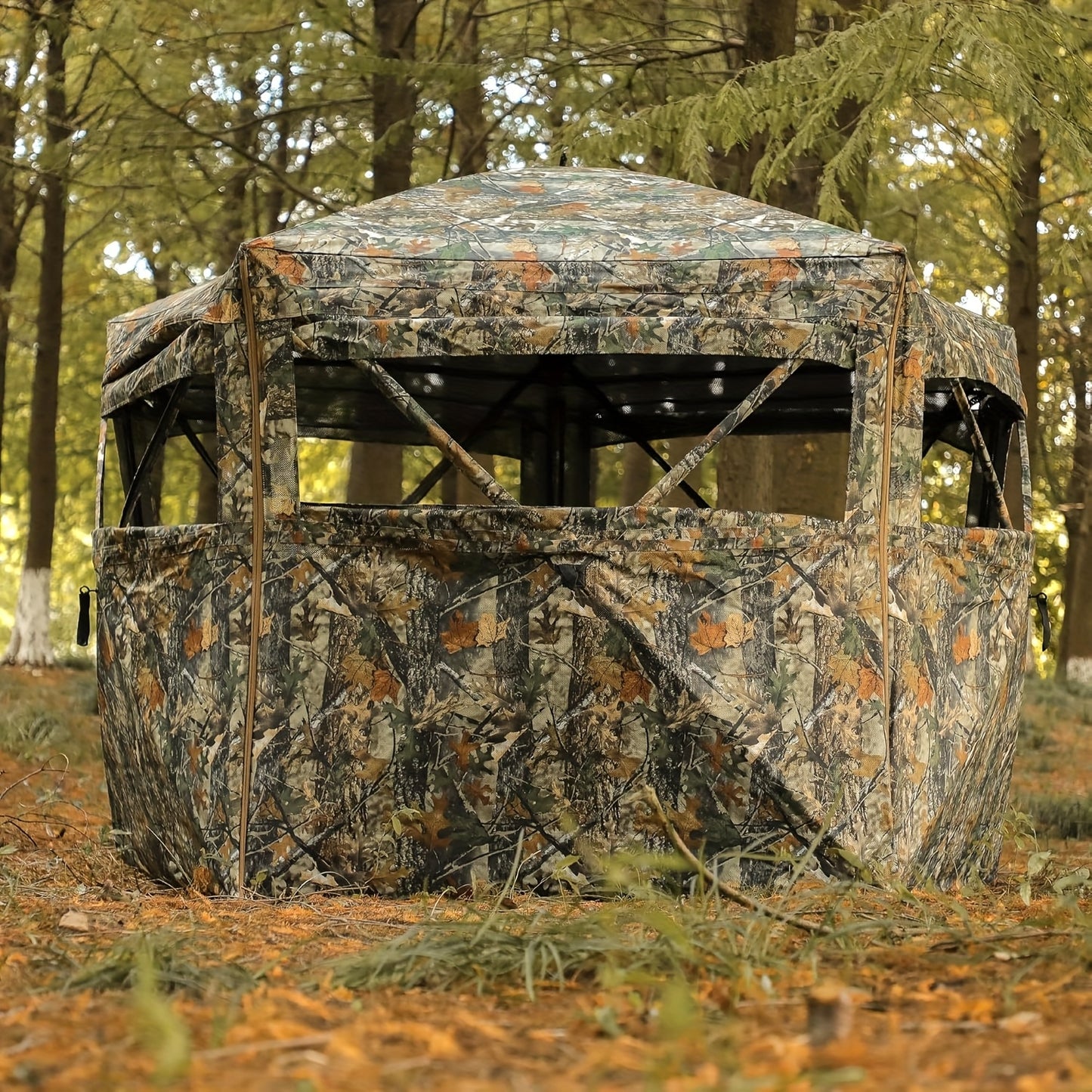 Heavy-Duty Pop-Up Hunting Blind - 288-Degree Wide-Angle Coverage, 3-4 Person Deer Blind with Quick Setup, Portable Ground Blind with Sturdy Frame for Hunting, Camouflage Outdoor Shelter (Compatible with Trees/Grass), Deer Hun