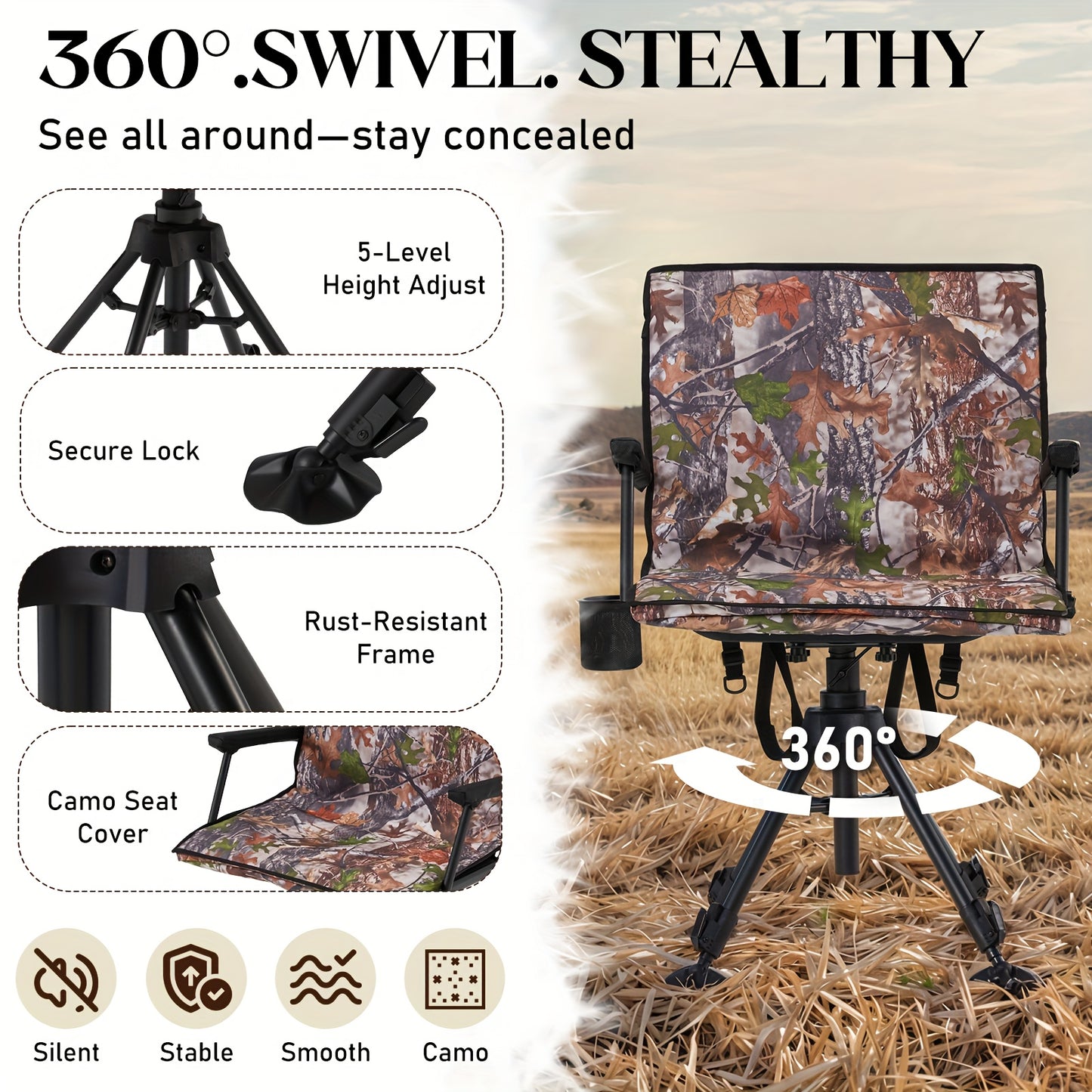 Silent Swivel Camo Hunting Blind Chair Adjustable Height