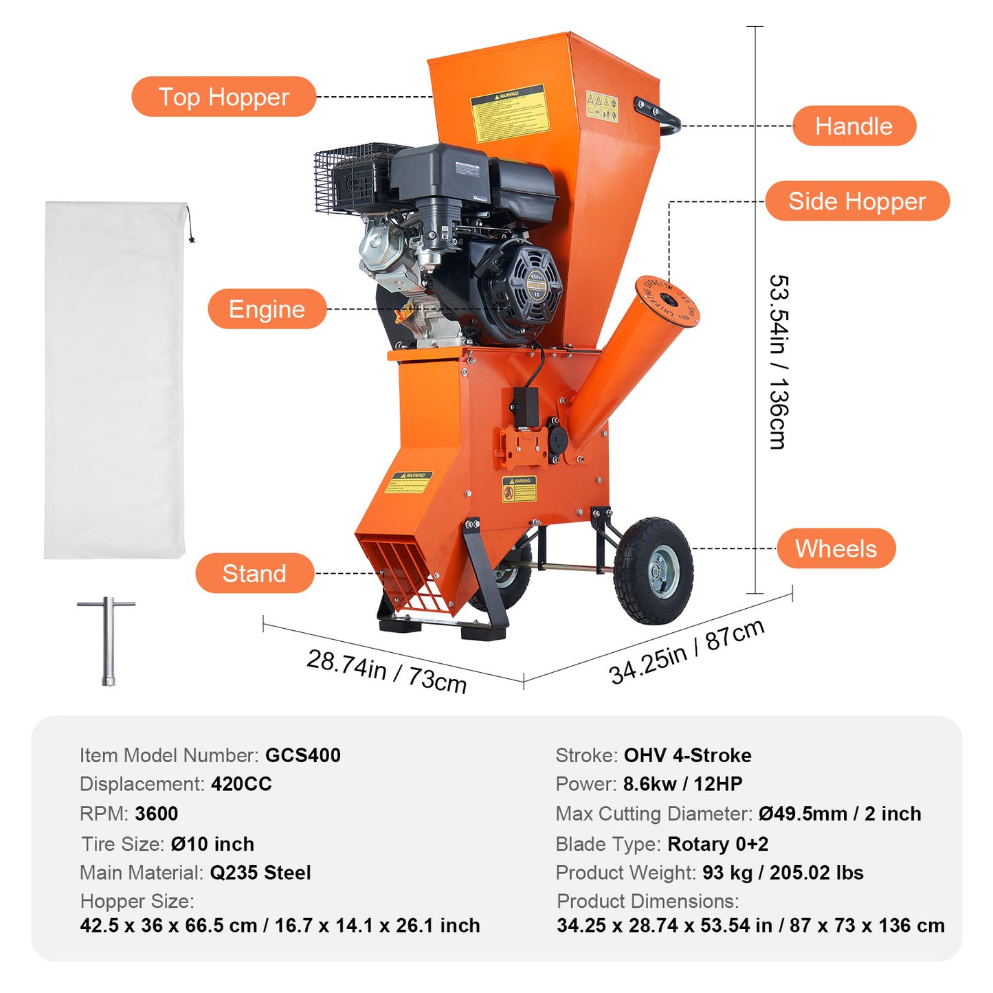 VEVOR Wood Chipper Shredder Mulcher Three In One Gas Power