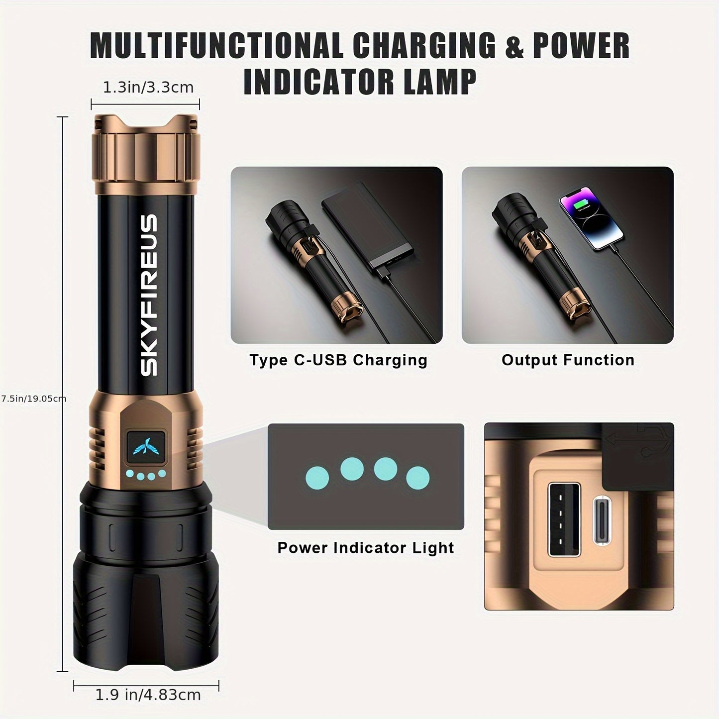 SKYFIRE LED Flashlight High Lumen, Super Bright Rechargeable Flashlight, with Ignition Lens, Adjustable Focus, Four Modes, Suitable for Camping, Outdoor, Farm, Family Use