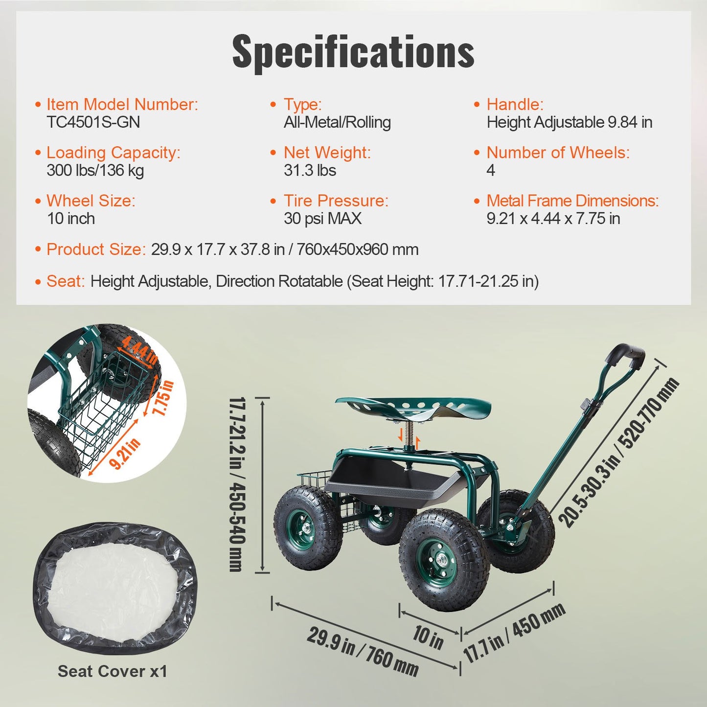 Garden Cart Rolling Workseat with 360 Degree Swivel Seat - Parry's Picks