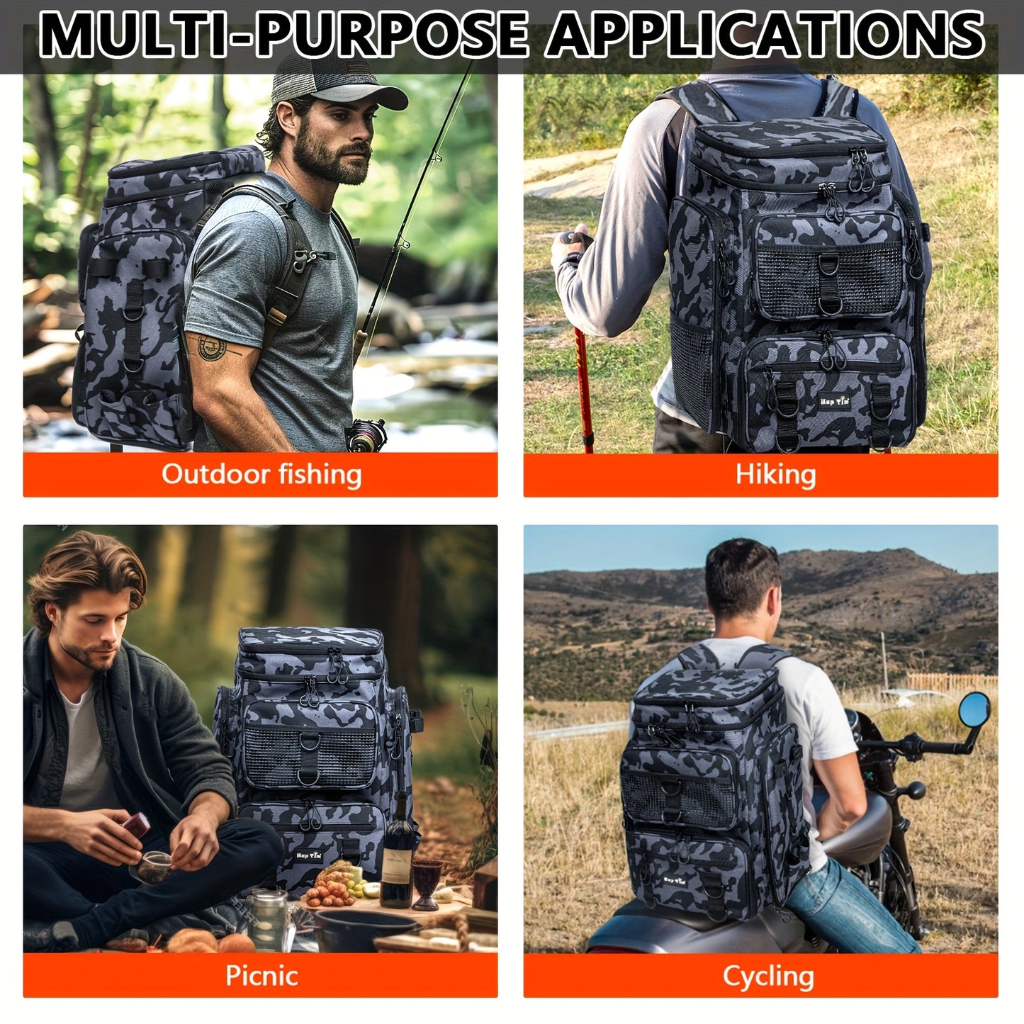 Zippere Fishing Gear Backpack With Rod Holder Durable Nylon