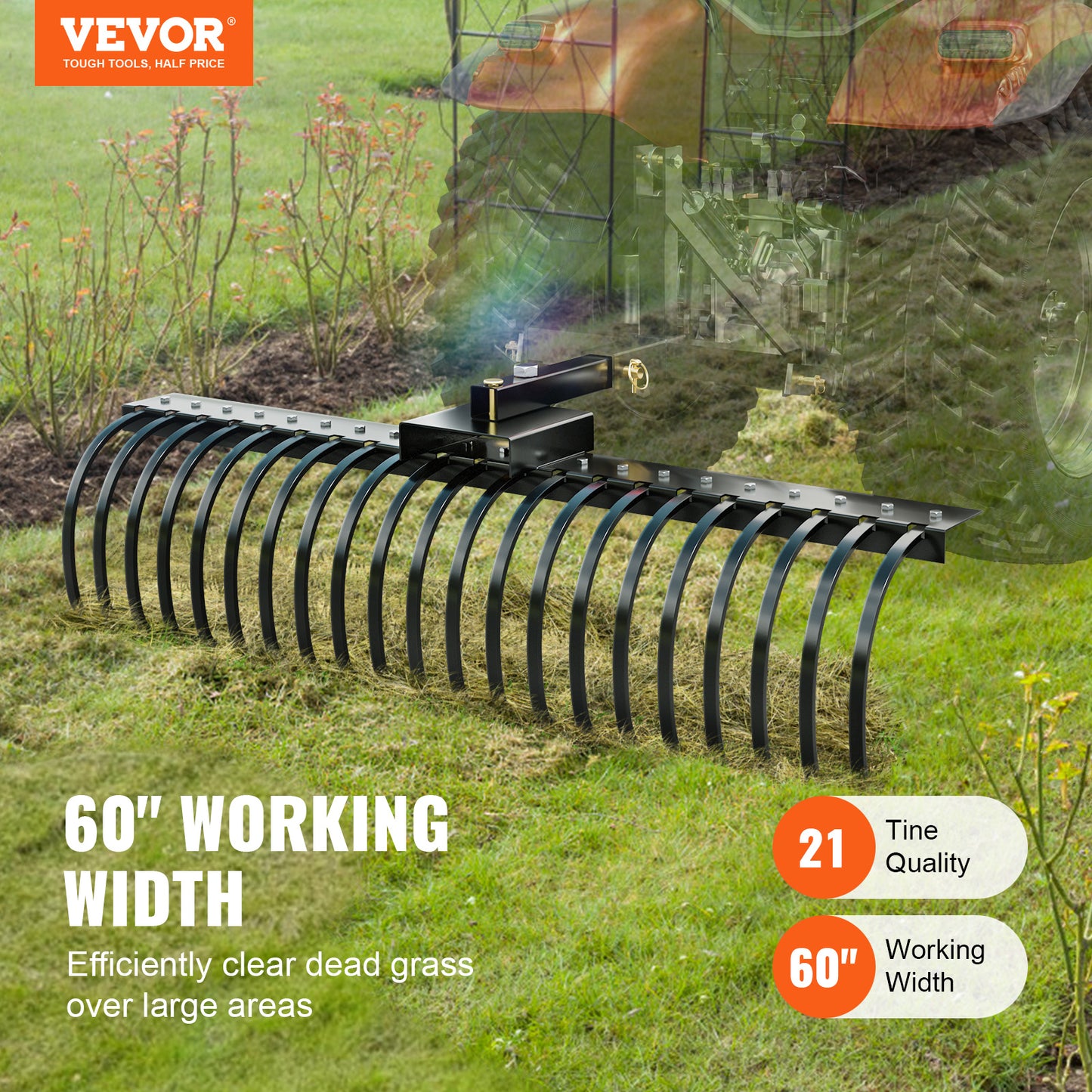 VEVOR Tow Behind Landscape Dethatcher Rake For Leaves