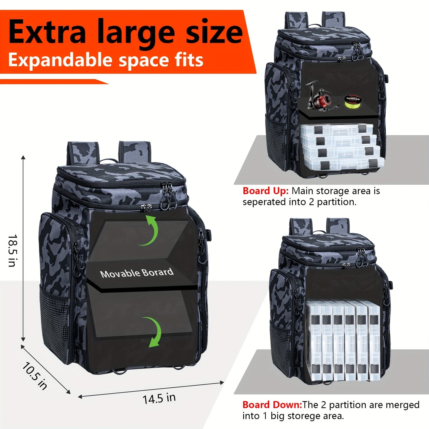 Zippere Fishing Gear Backpack With Rod Holder Durable Nylon