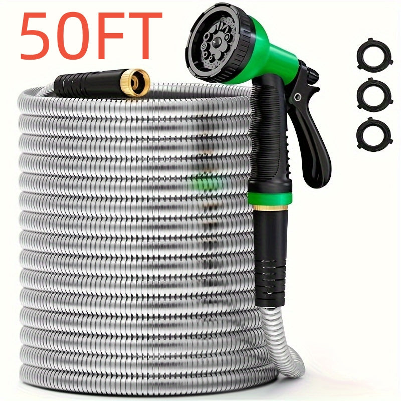 Heavy-Duty Stainless Steel Garden Hose With Multi-Function Nozzles - Parry's Picks