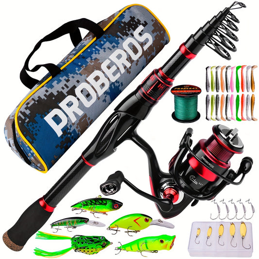 Proberos Carbon Fiber Telescopic Fishing Rod Reel Combo