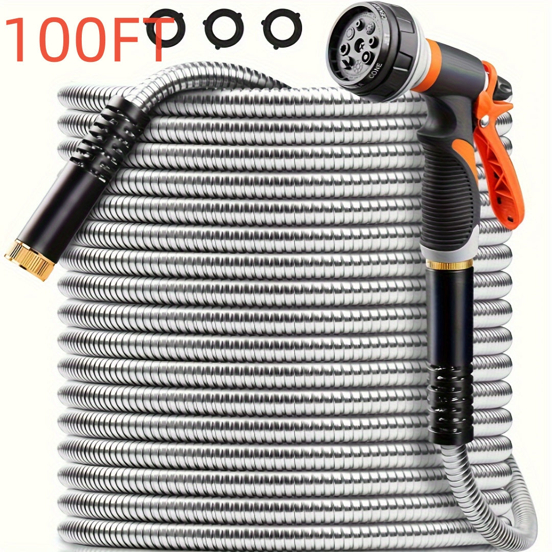 Heavy-Duty Stainless Steel Garden Hose With Multi-Function Nozzles - Parry's Picks