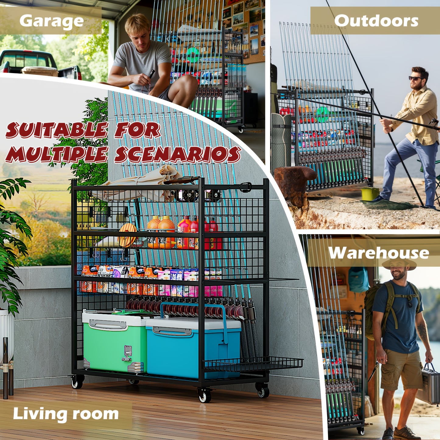 Large Fishing Rod Storage Cart With 15 Hooks And Wheels