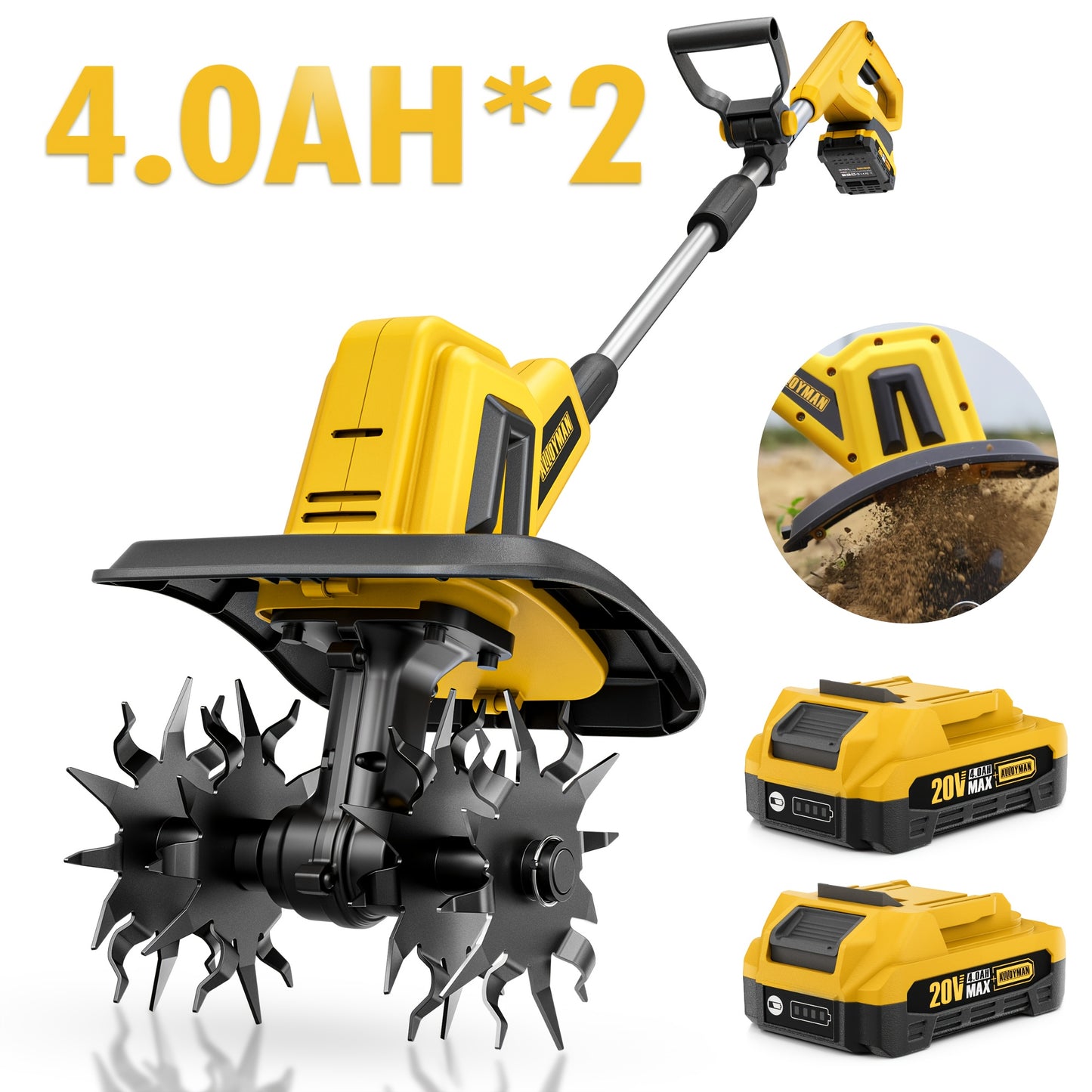 Cordless 20V Tiller Cultivator With 2 Batteries And Charger
