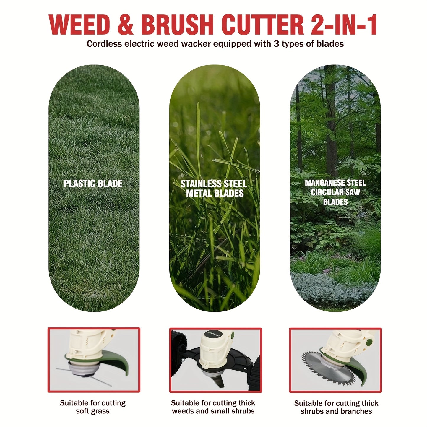 Cordless Weed Wacker Brush Cutter with Rechargeable Batteries and Charger